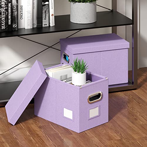Dywmm File Folder Organizer - Set Of 2 Collapsible Decorative Linen Filing Storage Hanging File Box With Lids Office File Cabinet For Space Saving (14X9.3X10.9 Inch) (Purple) #TOP2