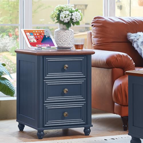 18" Farmhouse Night Stand Set 2 with Charger Station, Blue 2 & 3 Drawers Wood Nightstand, Bedside End Table with Storage and Roman Column, Bed Side Tables Cabinet for Bedroom, Living Room, and Closet