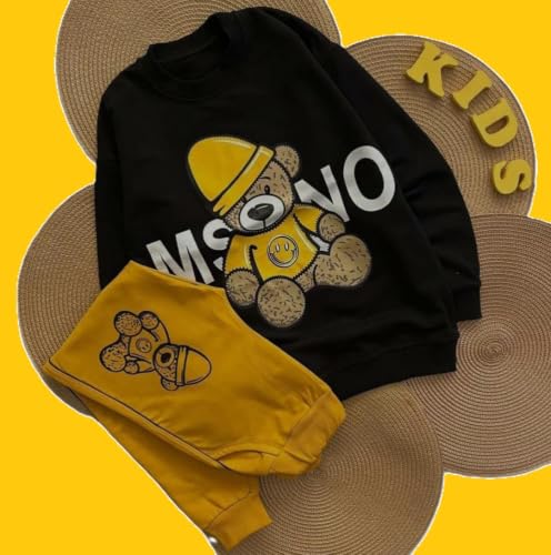 Image of Baby Boys Stylish Hooded Top& Bottom Set Full Sleeve Warm Fleece Pullover Jacket Style Winter Black +Yellow 0-2 Months