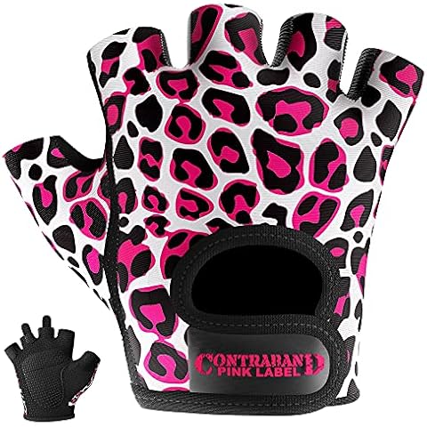 Contraband Pink Label 5297 Womens Design Series Leopard Print Lifting & Rowing Gloves (Pair) - Lightweight Vegan Medium Padded Microfiber Amara Leather w/Griplock Silicone (Pink/White, Large) Cover