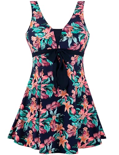 Wantdo Bañador Talla Grande Multicolor Traje de Bano Cuello en V Cintura Alta Falda una Pieza con Pantalones Cortos para Mujer Azalea 44-46
