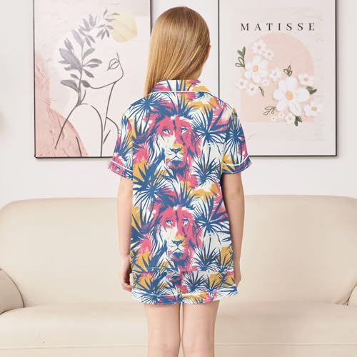 ALAZA Lion Palm Leaves Satin Pajamas Set Short Sleeve Button Down Sleepwear Summer Pjs 2 Piece4