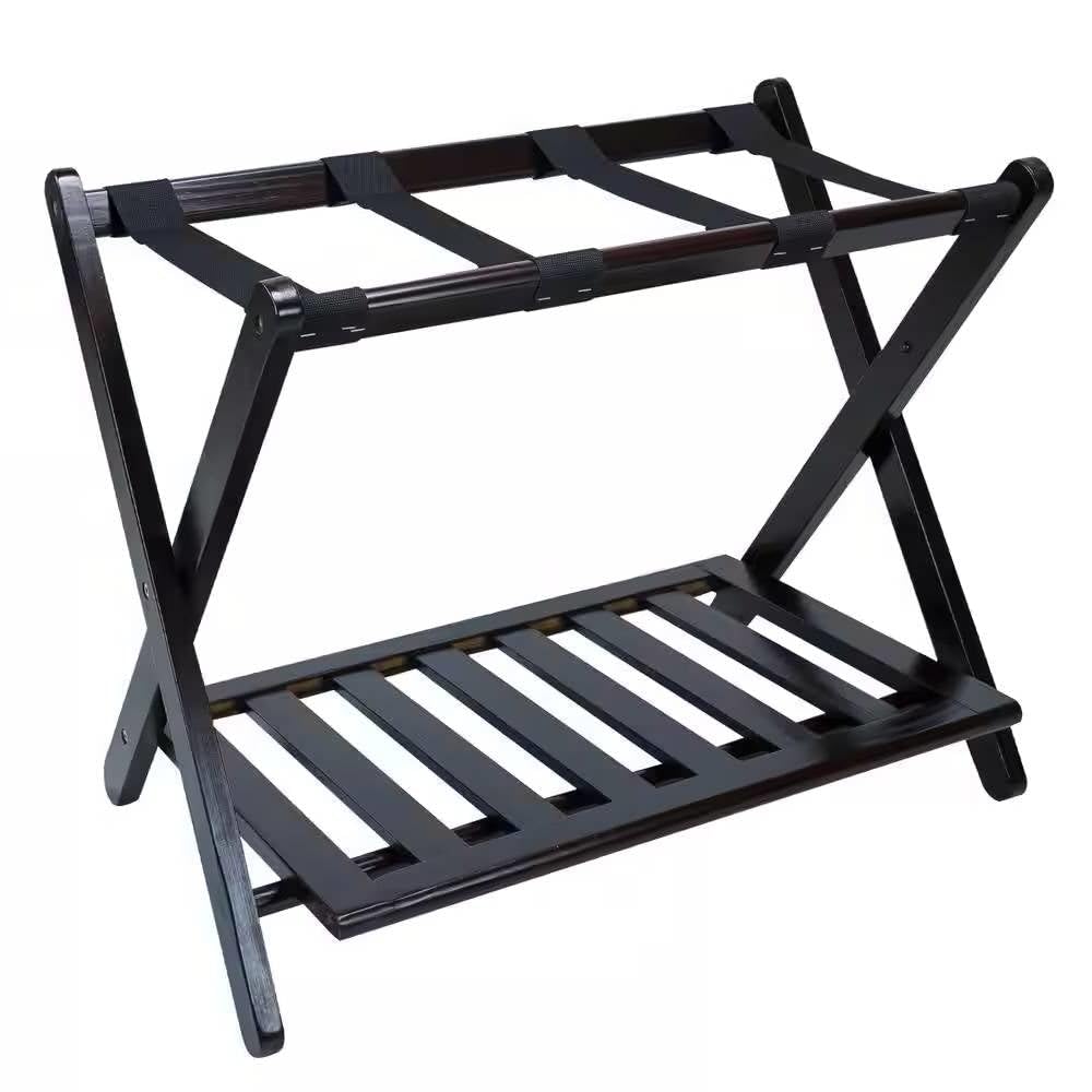 Heavy Duty Solid Wood Luggage Rack with Bottom Storage Shelf in Dark Brown New