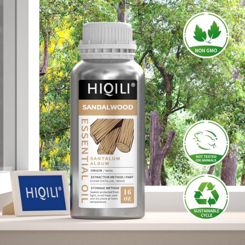 Image of HIQILI Sandalwood Essential Oil Long-Lasting Scent for Skin Care & Diffuser | Large Capacity for DIY Perfume Blending & Full-Body Massage, Ideal for Hotels, DIY Studio, Beauty Salon, Sauna - 16 fl oz