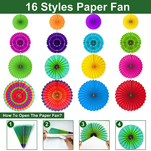 Image of TURNMEON 32 Pcs Fiesta Party Decorations, Mexican Party Decorations 26 Colorful Hanging Paper Fans 4 Pom Poms Pennant Garland String for Mexican Decorations Photo Props Carnival Birthday Taco Tuesday