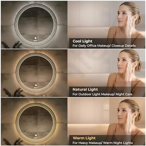 Image of Plantex LED Bathroom Mirror with 3 Tone /Designer Mirror for Living Room /Bedroom /Dressing Room - Round Shape (Dia.24 Inch)
