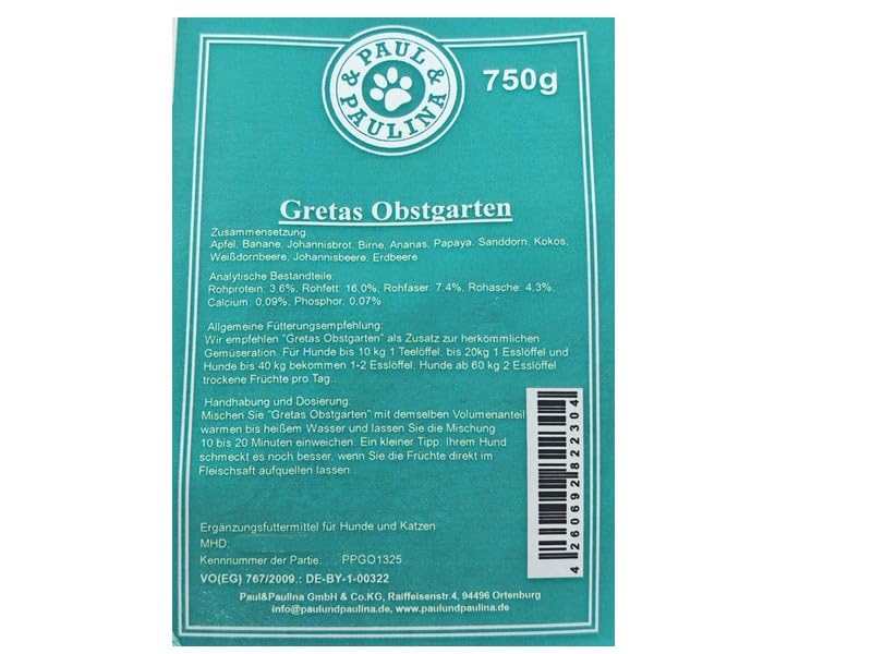 Paul & Paulina Gretas Obstgarten 750g Ergänzungsfuttermittel für Hunde und Katzen Obstration zur Rohfleischfütterung mit Apfel, Banane, Birne, Erdbeere etc.