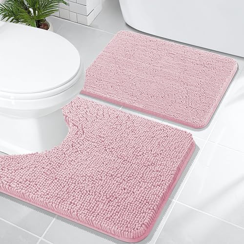 Image of OLANLY Bathroom Rugs Sets 2 Piece, Soft Absorbent Chenille Bath Mats and U-Shaped Contour Toilet Mat Area Rug Set, Machine Washable Bath Carpet, Home Decor Accessories(24 inchx16 inch+24 inchx20 inch, Dusty Rose)