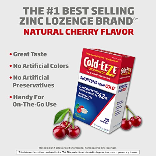 Cold-Eeze Natural Cherry Zinc Lozenges, Homeopathic Cold Remedy, Reduces Duration Of The Common Cold, Sore Throat, Cough, Congestion And Post Nasal Drip, 25 Count #TOP4