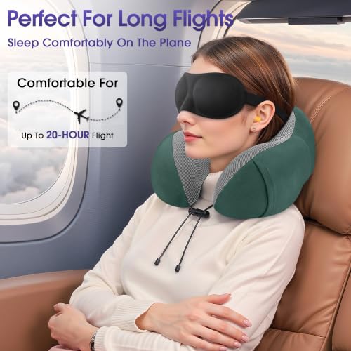 Image of CloudBliss Travel Pillow for Airplane, Memory Foam Neck Pillow for Travel, Compact Flight Pillow with Eye Mask, Earplugs, Carry Bag,Travel Neck Pillow for Long Flight Sleep, Plane Accessories, Green