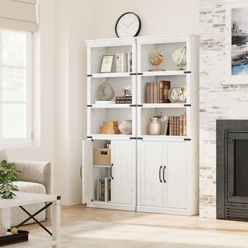 GAOMON Farmhouse Bookcases with Doors, 5 Tier Bookshelf with Storage, 70 inch Tall Bookshelf and Bookcase, Wooden Storage Cabinet for Living Room, Home, Office, Bedroom (White)