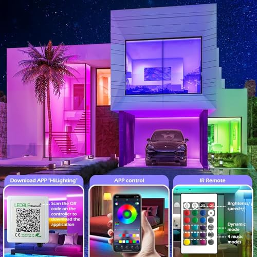 Image of 65.5FT Led Strip Lights,Long Smart Led Light Strips Music Sync 5050 RGB Color Changing Rope Lights,Bluetooth APP /IR Remote /Switch Box Control Led Lights for Bedroom,Home Decoration,Party,Festival