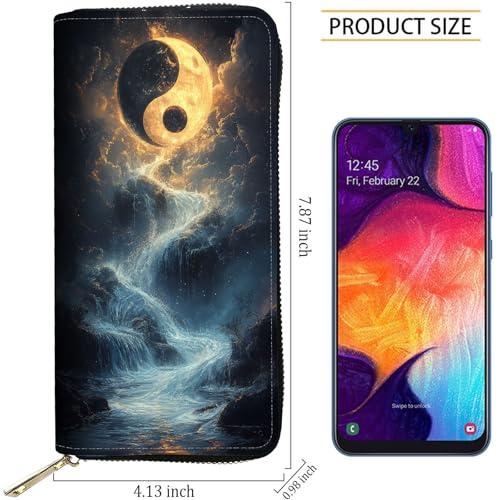 Image of RFID Blocking Leather Wallet for Women - Large Capacity Zip Around Clutch with 8 Card Slots,11 Cash Pockets & Coin Zipper,Tai Chi Yin Yang Diagram