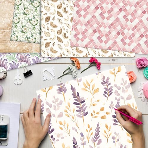 Scrapbook Papier Blumen Muster Scrapbook Bastelpapier, 24 Blat Doppelseitiges Boho Dekorpapier, MerwDeeyt Buntes Motivpapier für Journal Scrapbooking Fotoalbum Dekoration (Rosa, 30,5x30,5 cm)
