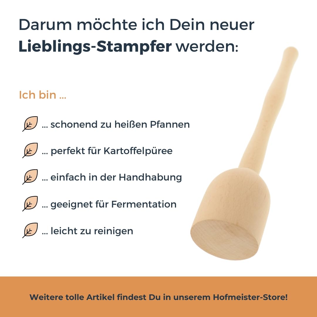HOFMEISTER® 30cm Pressepurée pour pommes de terre, légumes, fruits & choucroute Résistant à la chaleur, antibactérien, antirayures, presseherbes robuste en bois de hêtre, fabriqué en Europe, 30 cm