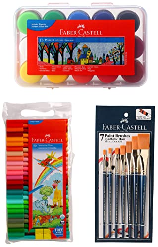 Image of Faber-Castell Poster Color Plastic Box, Pack of 15 & Connector Pen Set - Pack of 50 & Paint Brush Set - Flat, Pack of 7 (Navy Blue)