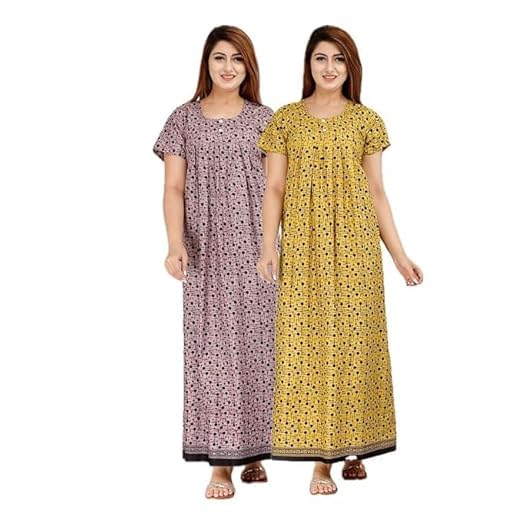 Image of OFEEFAN Cotton Nighty for Women - Pack of 2 Printed Maxi Gowns, Ankle-Length Night Dresses, Soft & Breathable Sleepwear - Free Size