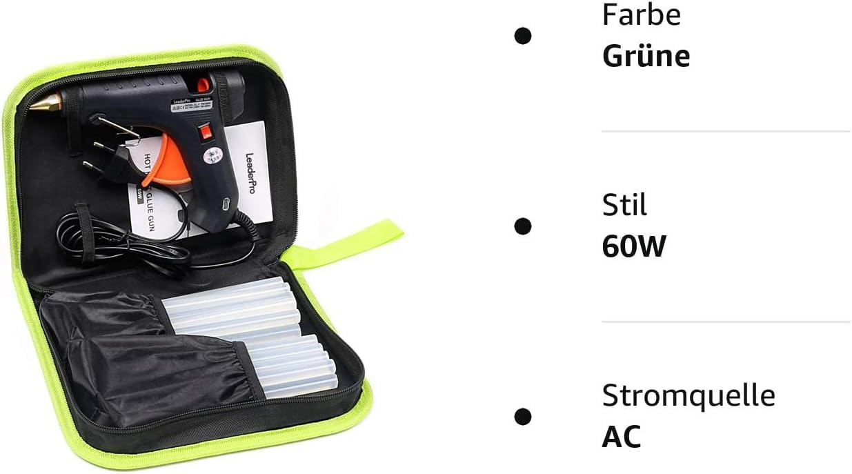 Pistolet à Colle LeaderPro avec une Trousse à Outil, 60W (Plus Efficace que 20W), 20pcs Bâtons de Colle 19cm*11mm, pour Bricolages/Loisir Créatifs/DIY, Noir