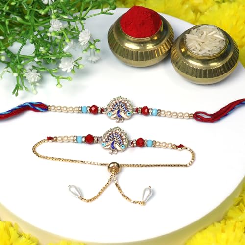Image of Oblivion Rakhi Set for Brother and Bhabhi - Peacock with Feather Gift for Bhai & Lumba for Bhabhi with Silver Colour Coin and Greeting Card - Raksha Bandhan Combo