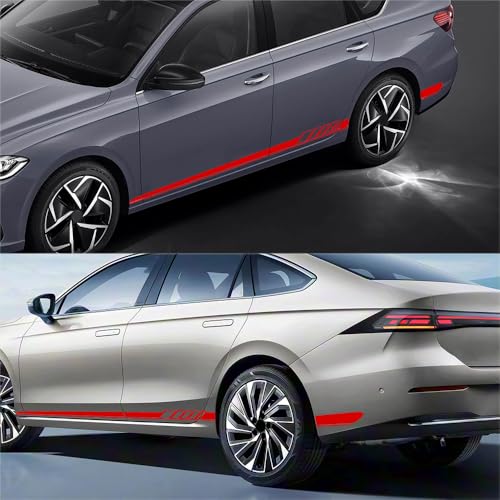 Image of 2PCS Car Side Skirt Decals, Auto Body Large Stickers, Waterproof PVC Racing Long Stripes Personalized Stickers, Car Stripe Stickers Decor Racing Accessories for Cars Trucks SUVs (Red)