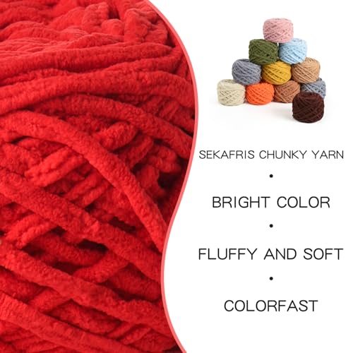 Image of 3 Pack Fluffy Chenille Chunky Yarn for Crocheting 100g(65.6yd) - Baby Yarn for Crocheting Soft - Velvet Yarns for Crochet Blanket - Amigurumi Crochet Yarns (Red)