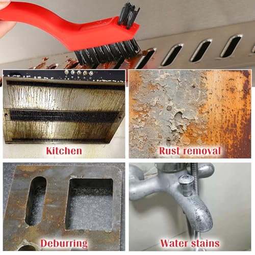 Image of 8 Pcs Wire Brush Set with Metal Scraper, Brass /Stainless Steel /Nylon Bristles Brush with Curved Handle, Heavy Duty Metal Brush for Rust Removal Welding Slag Paint Scrubbing Dust Deep Cleaning
