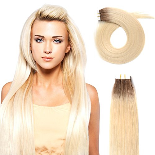 18inch Dark Root Tape In Hair Extensions Brown to Platinum Tape Hair Extensions Platinum Rooted Tape In Hair Extensions 40g T10/613#