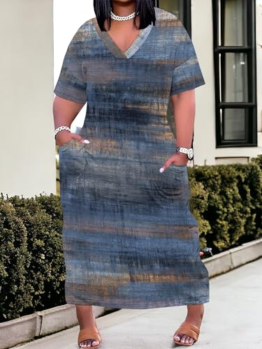 Image of SUZONANA Plus Size Denim Print Maxi Dresses for Women Casual V Neck Short Sleeve with Pockets Soft Jean Look Dress XL-6XL