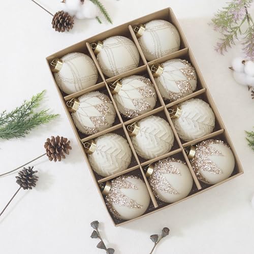 Image of 3.15IN Velvet Ornaments for Christmas Tree, 12pcs Flocked Ornaments Balls | beige cream velvet christmas ornaments set,hanging neutral felt flocked balls bulk plastic shatterproof for tree decorations