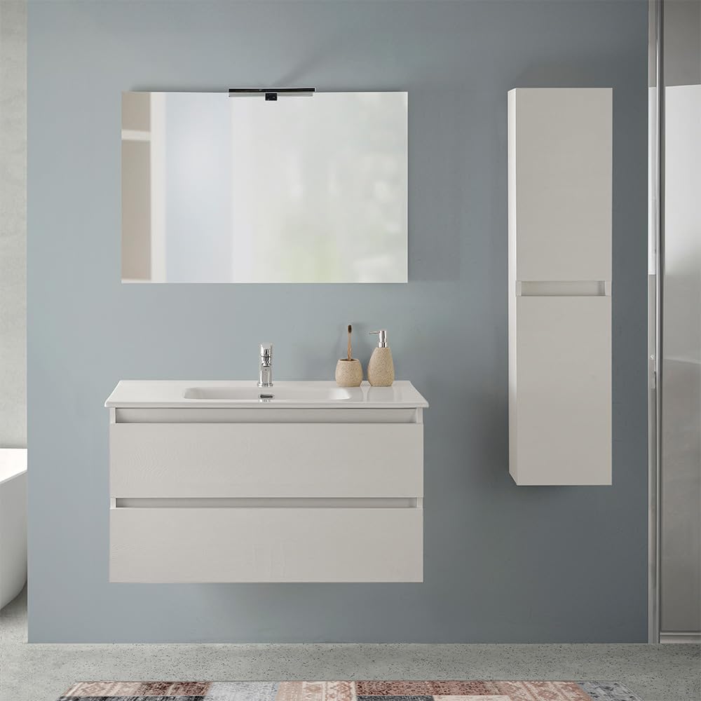 Inbagno Mobile Bagno Sospeso 90 cm Rovere Bianco – Composizione Con Lavabo In Ceramica, 2 Cassettoni Soft-Close E Pensile Colonna 125 cm – Linea Nadia
