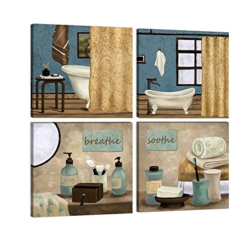 AMEMNY 4 Panels Bathroom Canvas Wall Art Bathroom Pictures Wall Decor Teal Blue Still Life Scenes Canvas Wall Art Bathroom Canvas Poster Artwork for Bathroom Restroom Decor Wood Framed Ready to Hang