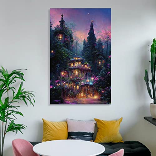 Oil Painting Landscape Poster Fairytale Forest Cottage Modern Wall Decor Wall Art Paintings Canvas Wall Decor Home Decor Living Room Decor Aesthetic 16X24Inch(40X60Cm) Unframe-Style #TOP5