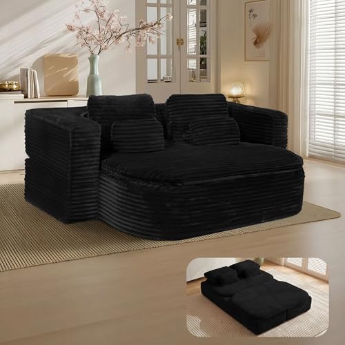 IZLKQC 75 Folding Sleeper Sofa Bed Convertible Memory Foam Boneless Couch Foldable Full Size Guest Bed Modern 2-in-1 Futon Floor Sleeper Sofa with 4 Pillows and Blanket (Corduroy Black)