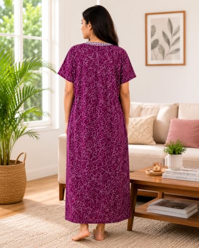 Image of Pure Cotton Hand Embroidery Nighty for Woman | Floral Gown for Women Nightwear with Pocket | Cotton Nighty for Women Stylish | Maxi for Women Cotton Free Size Purple
