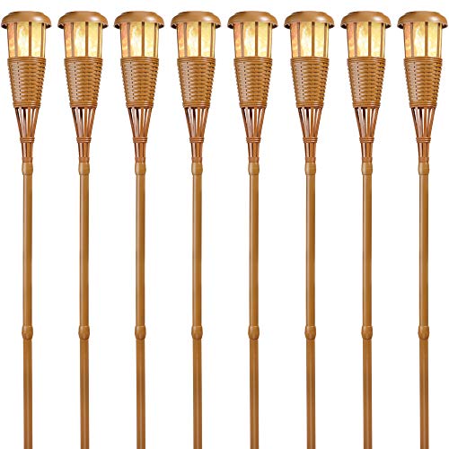 Newhouse Lighting FLTORCH8 LED Island Torch Solar-Powered Flickering Dancing Flame Effect, Waterproof Outdoor Landscape Lighting, Bamboo Finish, 8-Pack