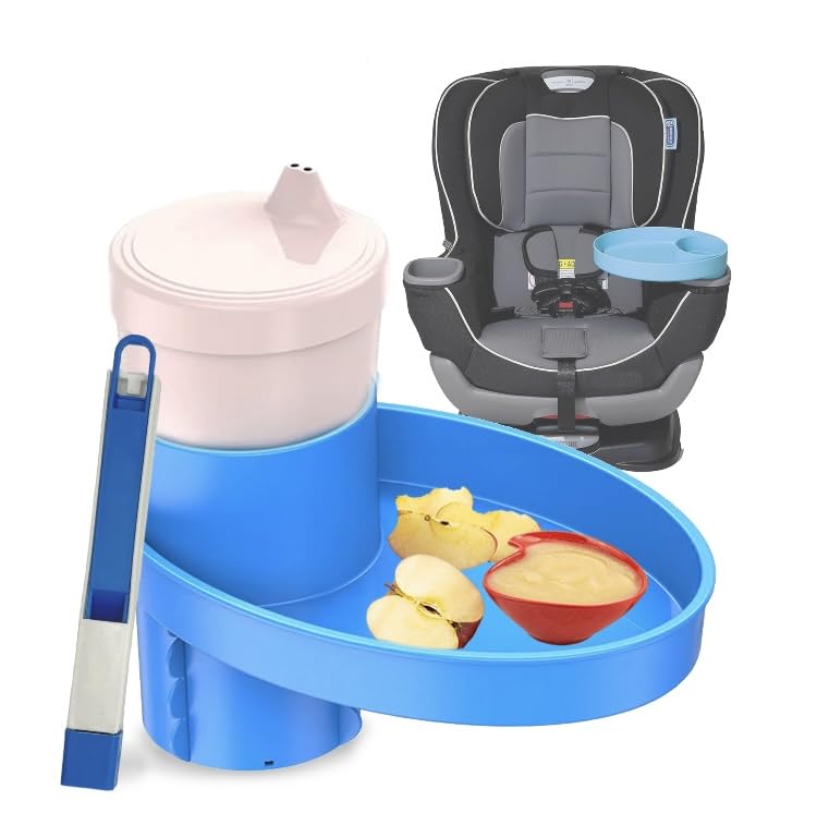 Complete Kids Travel Tray Kit - Easily Expands Cup Holder into 360° Cup & Travel Tray for Kids Car Seat, Booster, and Stroller - Toddler Road Trip Essentials Set Includes Coaster & Brush (Blue)