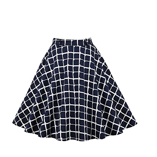 iyoimono Damen Midi Faltenrock Rockabilly Rock Basic Beiläufig Rock A Linie Retro Rock Midi Swing Röcke Damen Swing Rock 50s Retro Vintage Rockabilly Knielang Festliche Röck(Marineblaues Plaid ,L) Cover