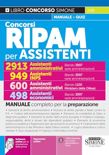 Concorsi RIPAM per ASSISTENTI – 2913 Ass. amministrativi – 949 Ass. INPS – 498 Ass. economici (3997 varie amministrazioni) – 600 Ass. amministrativi (1100 Ministero Difesa) - Manuale e quiz