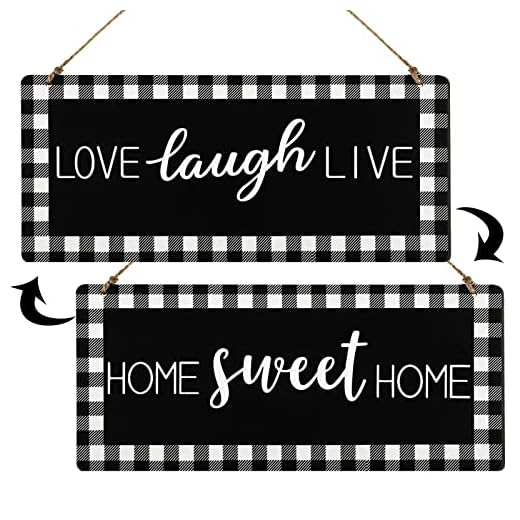 Wooden Home Sweet Home Sign Rustic Buffalo Plaid Home Sign Black White Vintage Wall Decor for Home Kitchen Farmhouse (Love Laugh Live)