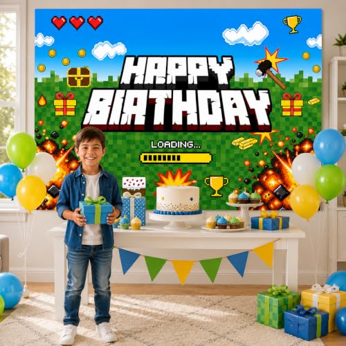Image of Happy Birthday Banner Boy 5x3ft Birthday Sign Village Gaming Birthday Party Decorations Videogame Themed Banner Video Game Decorations Video Game Happy Birthday Backdrop for Boys