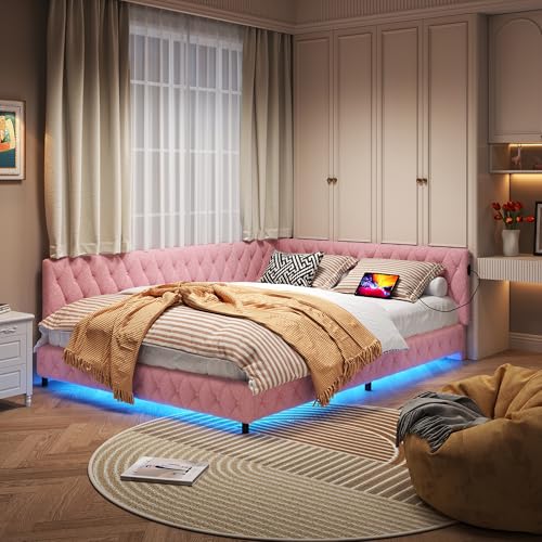 Tagesbett 140x200 mit LED und USB, Polsterbett mit Lattenrost, Schlafsofa 140x200, Jugendbett Einzelbett, Teddy Velvet, Ohne Matratze (Rosa) – Bild 6