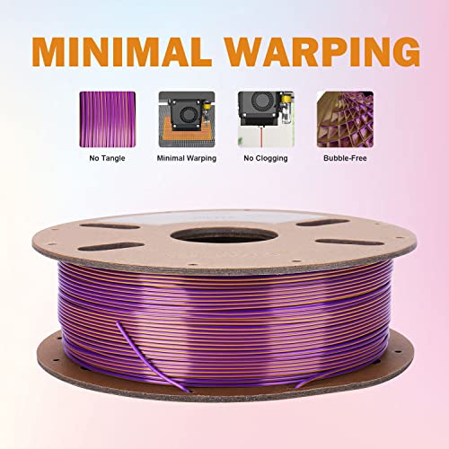 Image of ERYONE Silk Dual Color PLA Filament 3D Printer 1.75mm + /- 0.03mm, Bicolor Filament Two Tone PLA 1KG(2.2lbs) Cardboard Spool, Gold Purple