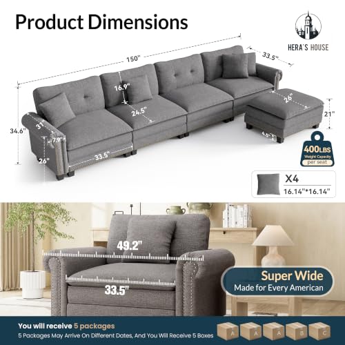 Image of HERA'S HOUSE 150 inch Oversized L Shaped Modular Sectional Couch Living Room | Mid-Century Modern 5-Seater Cloud Sofa, Dark Gray, Rolled Arms & Nailhead Trim, Wider & Deeper Seats, Ottoman, Linen