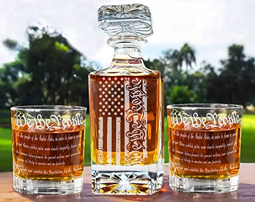 Yjgs Whiskey Decanter Set -750Ml Whiskey Decanter Engraved We The People American Flag Decanter Set With 2 Glasses, Whiskey Gifts For Men Dad Fathers Day, Best Patriotic Present For Men Dad Father #TOP2