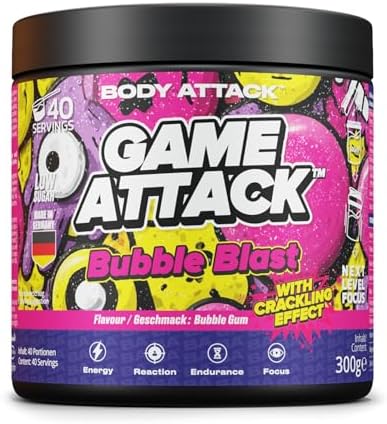 GAME ATTACK Gaming Booster Bubble Blast 300 g Energy Drink Pulver | Bubble Blast, 300 g für 40 Portionen, Energy Drink Pulver für Fokus und Energie, 17 kcal, 18 Zutaten, Made in Ge