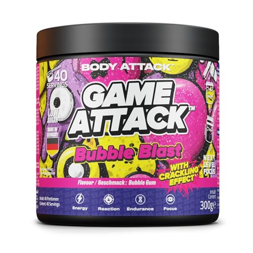 GAME ATTACK Gaming Booster – Bubble Blast – 300 g (40 Portionen) – Energy Drink Pulver – 17 kcal/Portion – 18 Zutaten, 3 Kern-Komponenten – geprüfte Qualität – Made in Germany