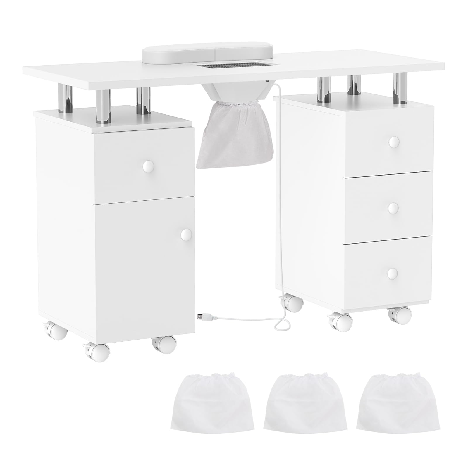 DREAMADE Manikürtisch, Nageltisch mit Staubabsaugung & 3 Staubbeuteln, Nagelstudio Tisch mit Handauflage, Schubladen, Schrank, Maniküre Tisch auf Rollen für Zuhause, Studio, Schönheitssalon (Weiß)