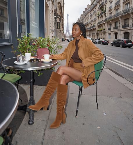 MeiLuSi Women's Slouchy Knee High Boots Suede Fall Boots Round Toe Chunky Heel Boots Warm Winter Boots Wide Calf Boots Outdoor Side Zipper2