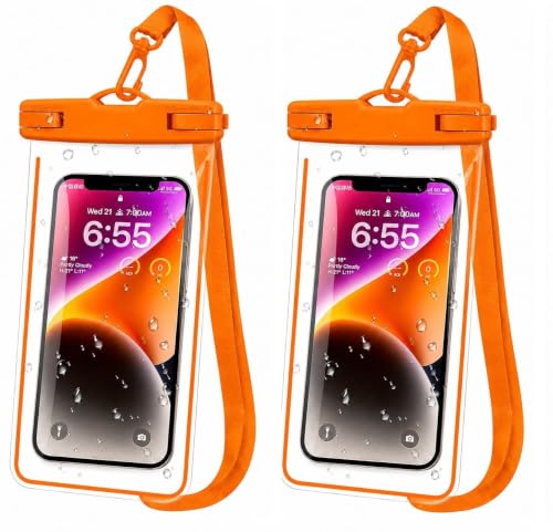 Image of Waterproof Phone Pouch, IPX8 Universal Waterproof Phone Case Dry Bag with Lanyard for iPhone 14 13 12 11 Pro Max XR X XS SE 8 Plus Samsung S23 S22 Ultra S21 S10 S9 (Ogane Pack of 2)