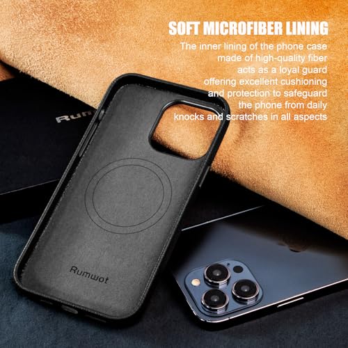 Image of Genuine Leather Case for iPhone 14 Pro Compatible with Magsafe Black | Non-Slip Pebbled Genuine Leather, Slim Fit, Super Magnetic, Compatible with Wireless Charging, Metal Buttons, Camera Bezel